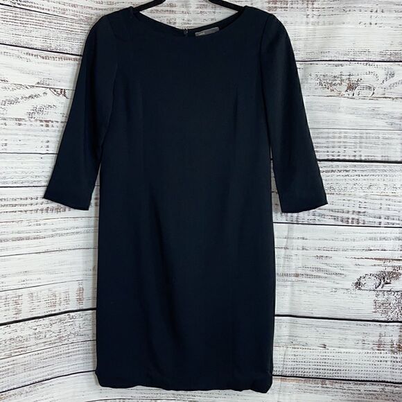 Vince Dress Womens size 0 satin 3/4 sleeve shift Black mini classic minimalist - Picture 2 of 8